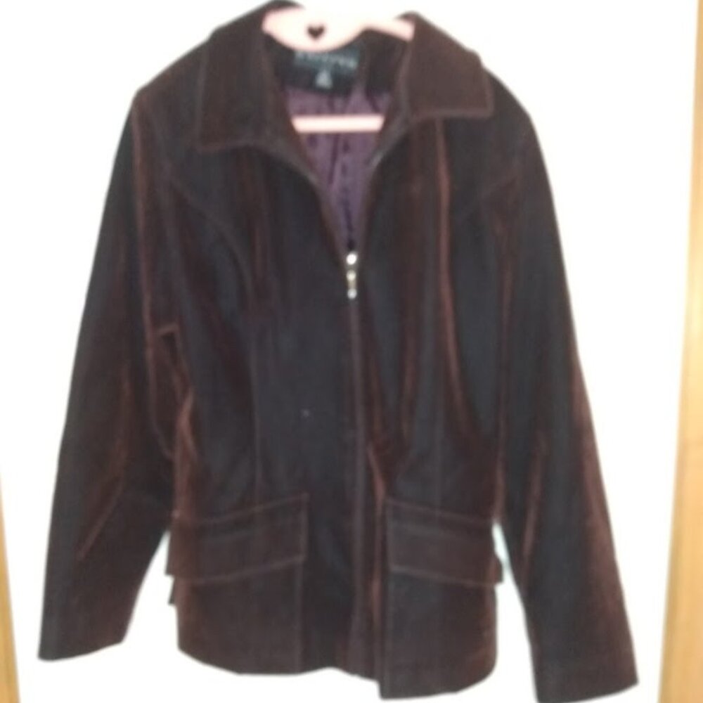 Gallery: Brown lined jacket velvet feel. Size XS. Made in Thailand.